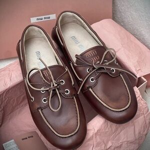 Miu Miu Brown Leather Boat Loafers with Cream Trim and Laces